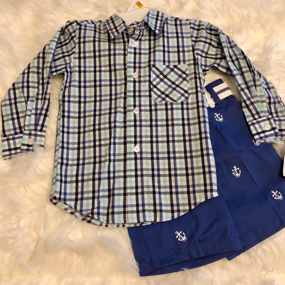 Good Lad 3T boys plaid button shirt & blue shorts.
